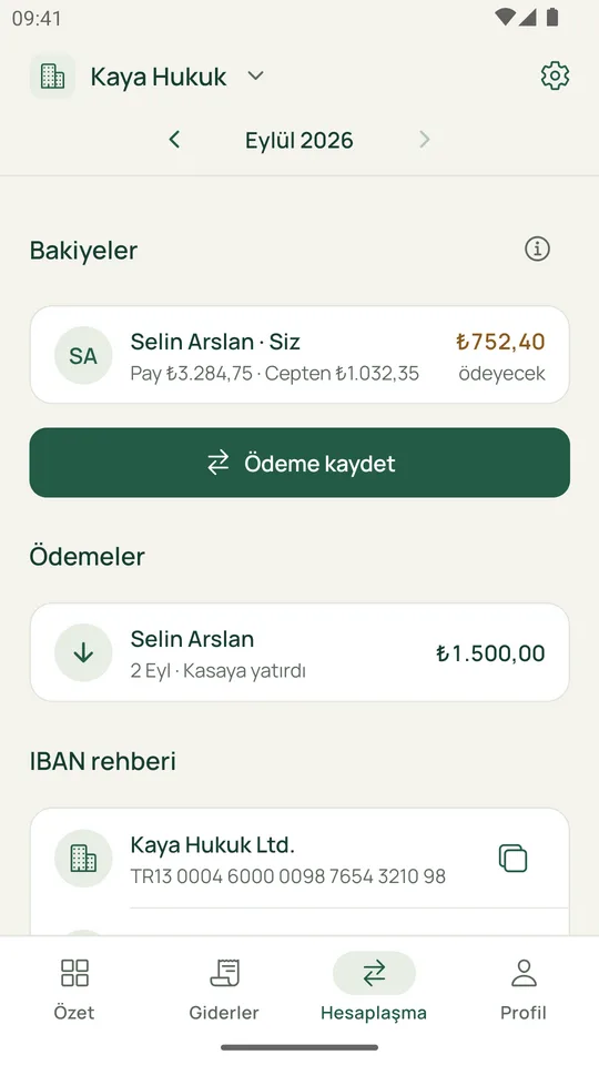 Hesaplaşma ekranı: kişinin bakiyesi, kasaya yapılan ödeme ve IBAN rehberi