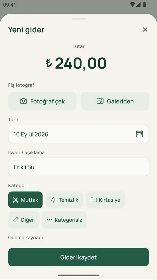 Yeni gider ekranı: tutar, fiş fotoğrafı, tarih, işyeri ve kategori